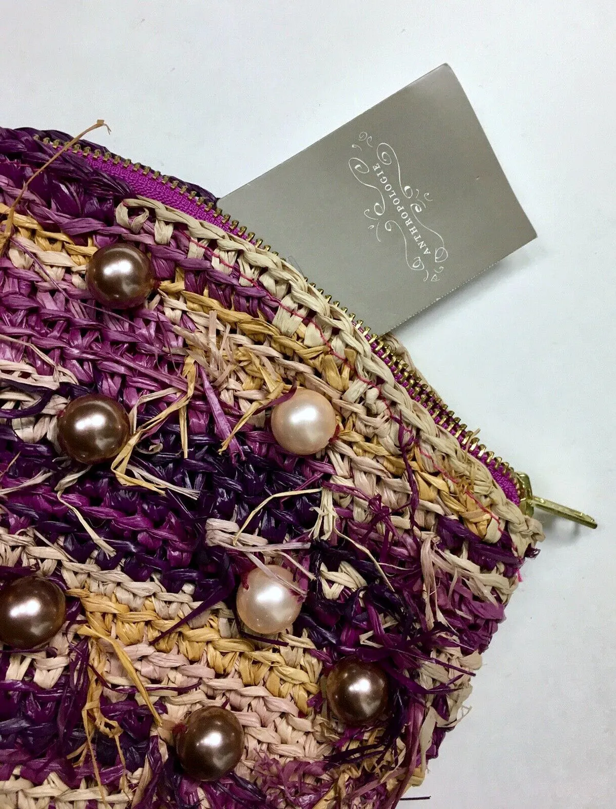 Anthropologie Purple & Cream Raffia & Pearls Clutch NWT