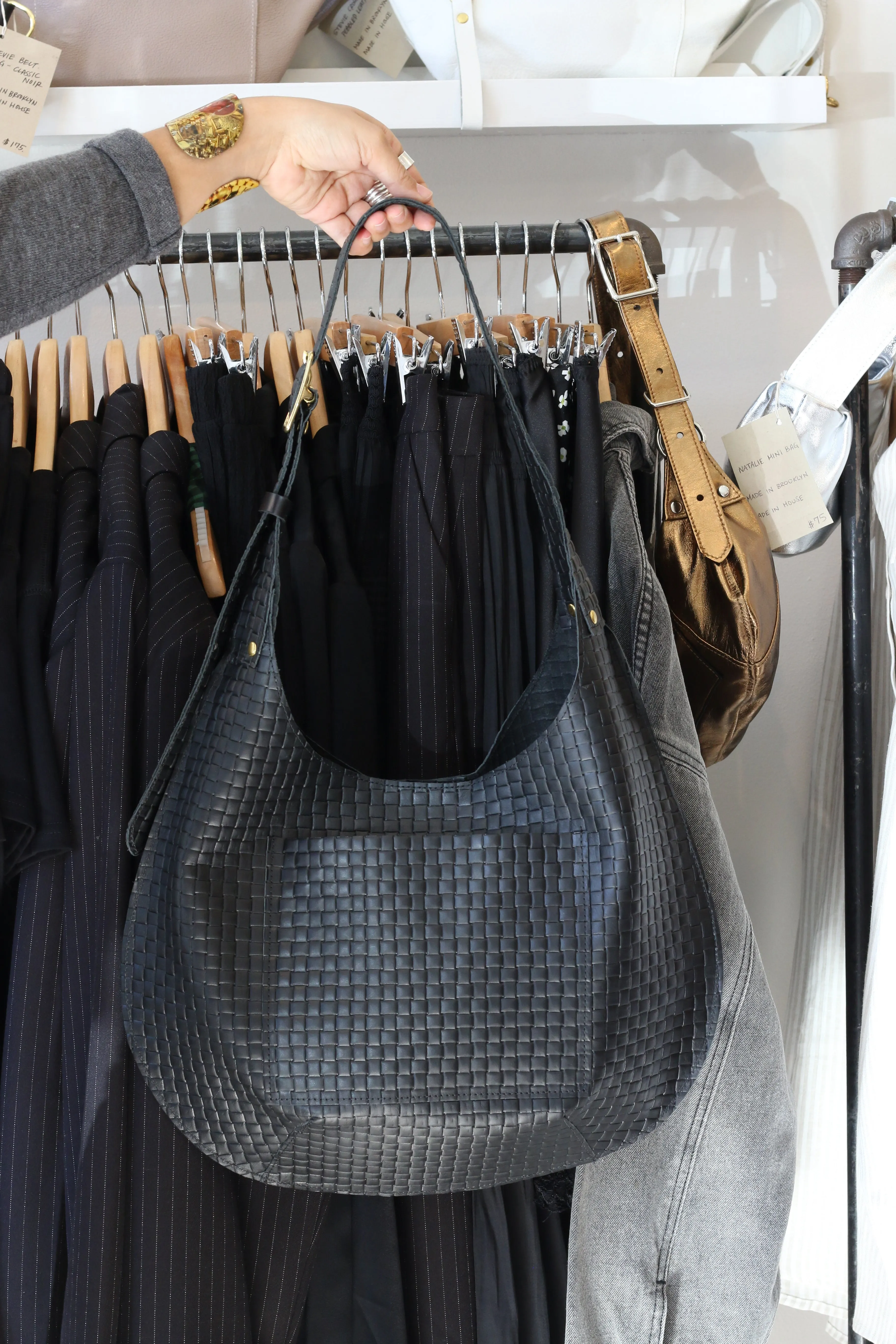 Bardot Leather Hobo in Woven Noir