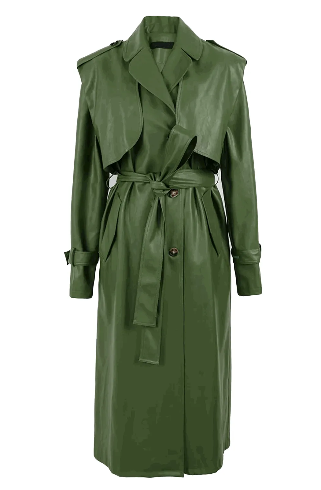 Green leather trench coat
