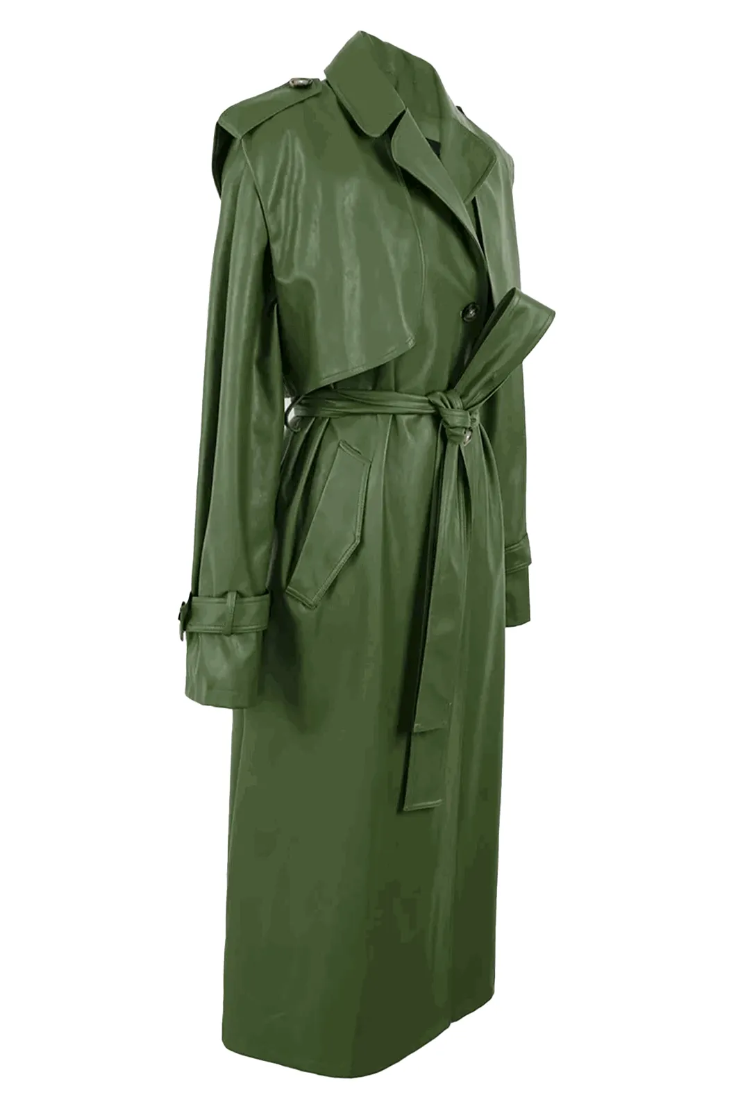 Green leather trench coat