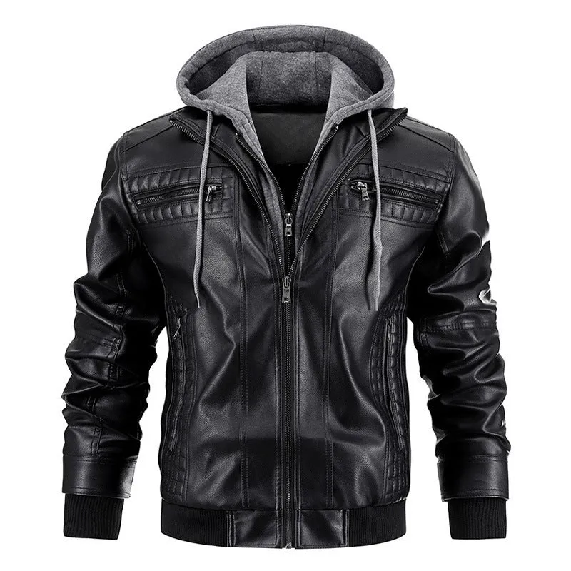 Men's Leather Motorcycle Jacket With Zipper Pockets