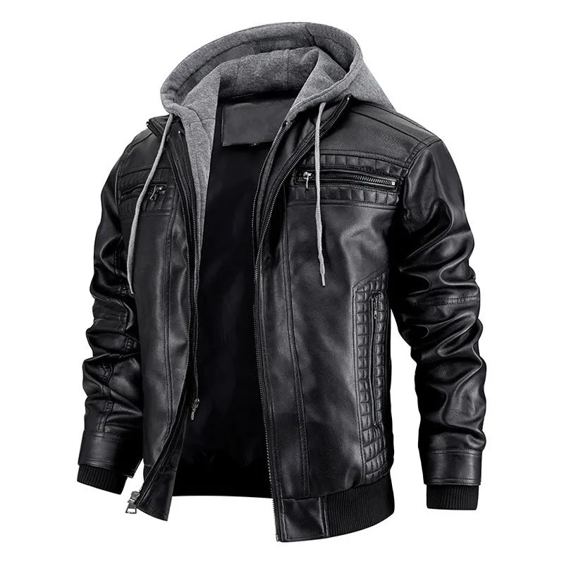 Men's Leather Motorcycle Jacket With Zipper Pockets