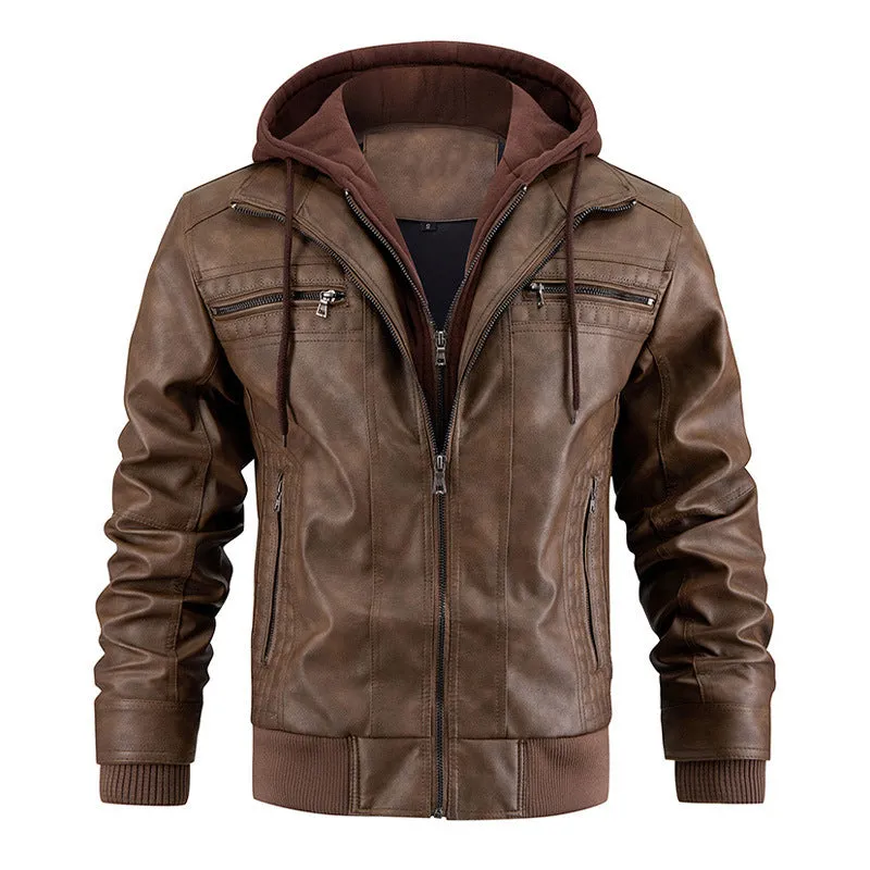 Men's Leather Motorcycle Jacket With Zipper Pockets