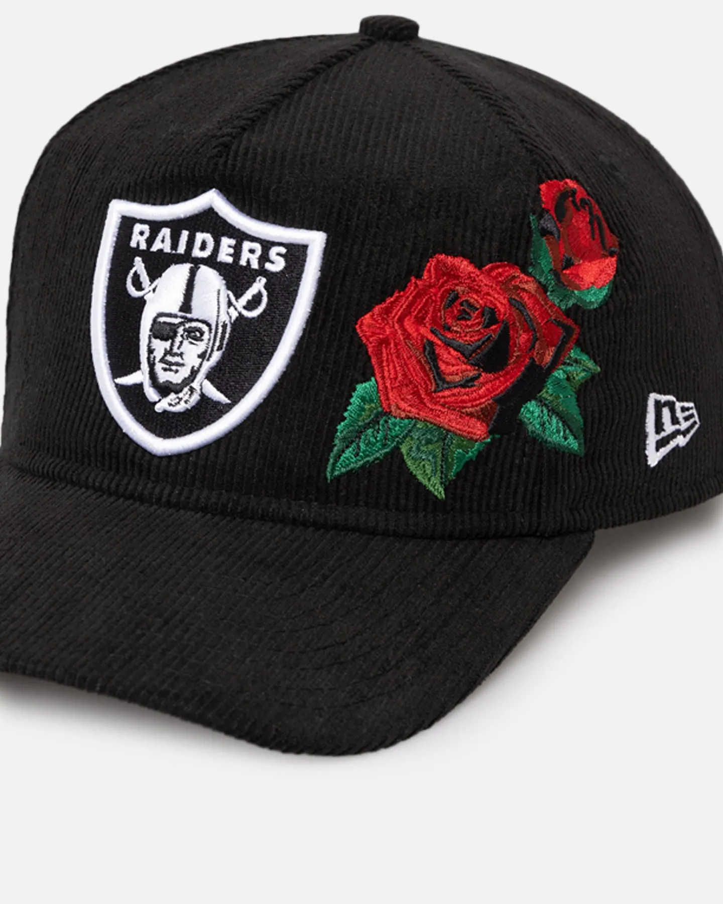 New Era Las Vegas Raiders 'Corduroy Roses' Golfer Pre-Curved Snapback Black Corduroy/White