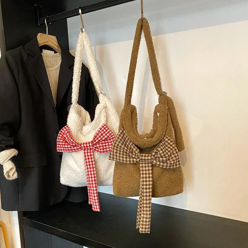 Sohiwoo Bow Sewing Thread Milk Cotton Versatile Shoulder Bags 2024 Hot Sale Retro Style Commute Fashion Single Women's Crossbody Bag