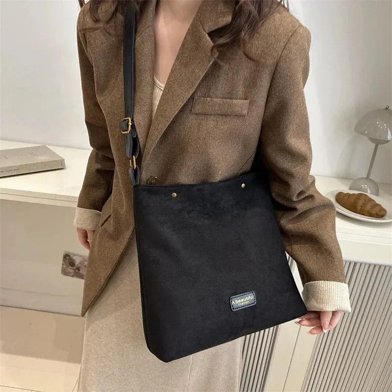 Sohiwoo Faux Suede Solid Zipper Large Capacity Casual Tote Bags High Quality Versatile Bags for Women Simple Commuting Women's Handbags