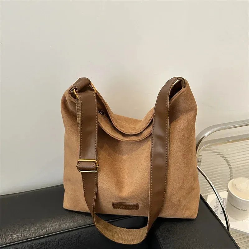 Sohiwoo Faux Suede Solid Zipper Large Capacity Casual Tote Bags High Quality Versatile Bags for Women Simple Commuting Women's Handbags