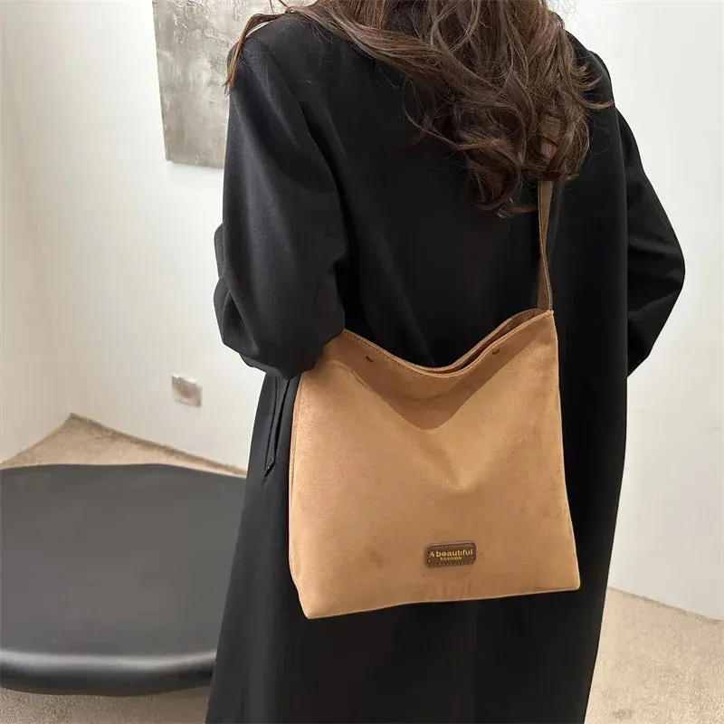 Sohiwoo Faux Suede Solid Zipper Large Capacity Casual Tote Bags High Quality Versatile Bags for Women Simple Commuting Women's Handbags
