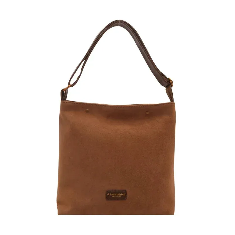 Sohiwoo Faux Suede Solid Zipper Large Capacity Casual Tote Bags High Quality Versatile Bags for Women Simple Commuting Women's Handbags