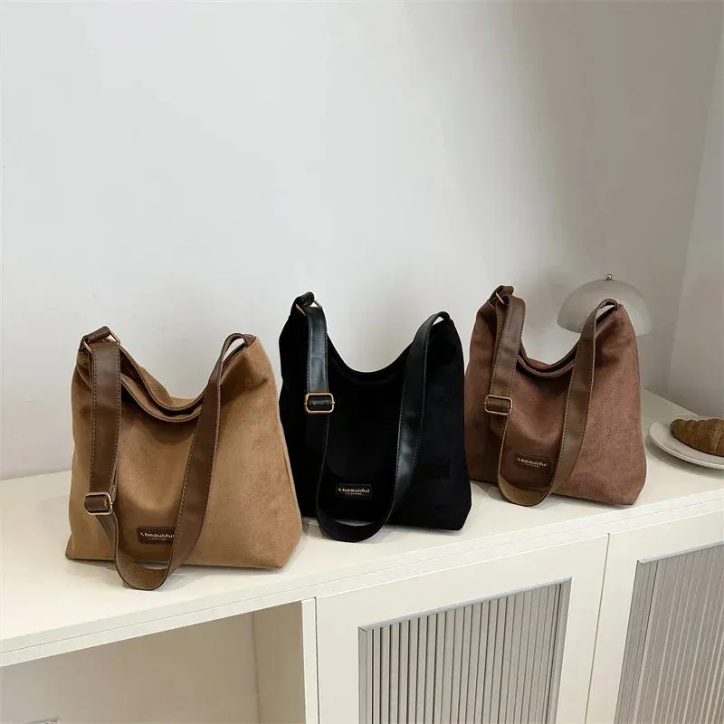 Sohiwoo Faux Suede Solid Zipper Large Capacity Casual Tote Bags High Quality Versatile Bags for Women Simple Commuting Women's Handbags